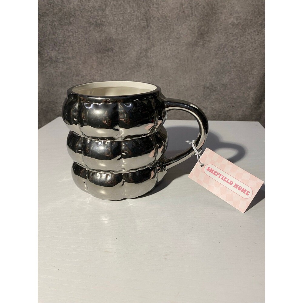 New Sheffield Home Metallic Chrome Silver Ribbed  Puffy Coffee Mug 16oz Flawed